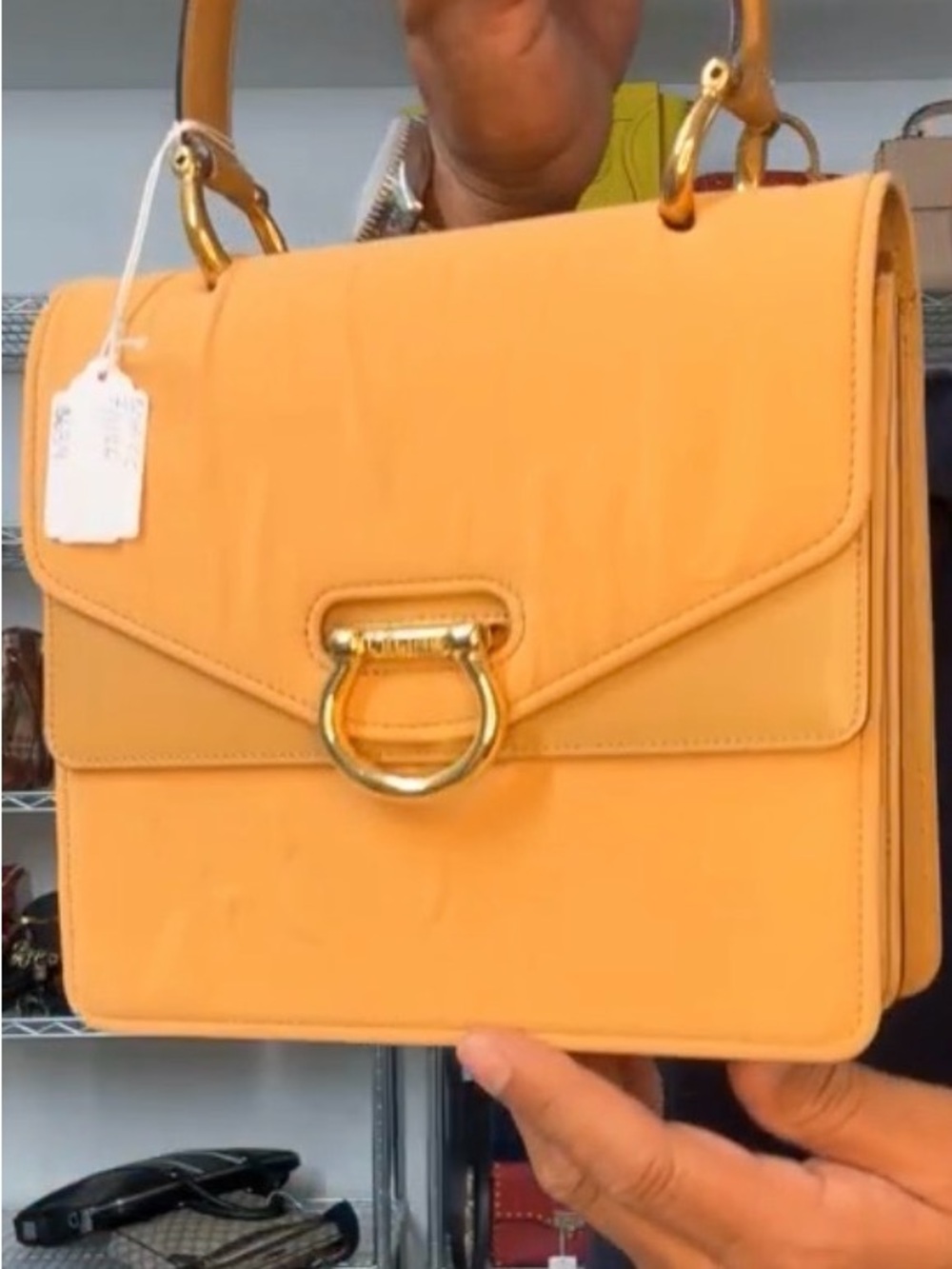 Celine Peach Leather Top-Handle Shoulder Bag with Gold Ring